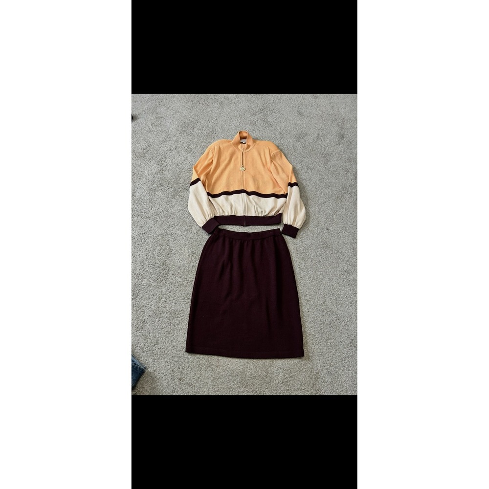 St John Collection Marie Gray Knit Skirt Set Zip Jacket Peach Burgundy Size M 4